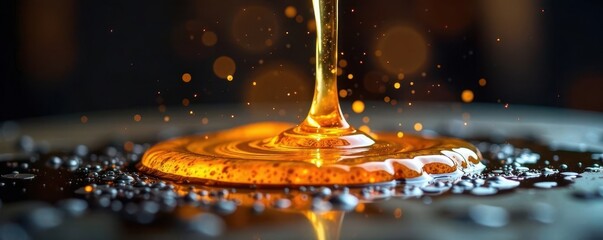 Sizzling hot vegetable oil being splashed onto a metal surface, frying mess, splattered oil