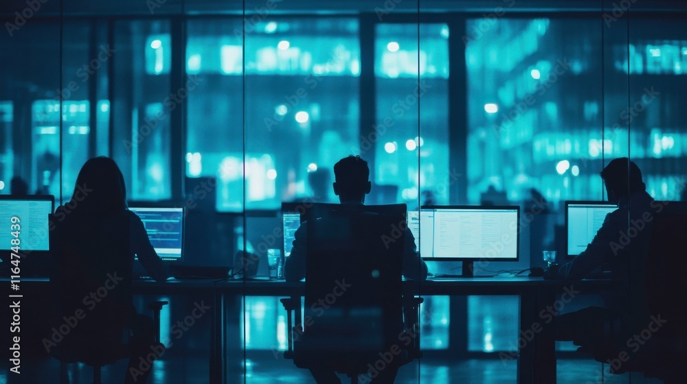 Poster modern workspace with interactive displays and teamwork