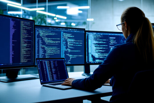 A person coding at multiple monitors, illuminated screens filled with programming code, set in a modern office environment.