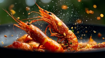 Crispy prawns frying on a pan, food  action photography