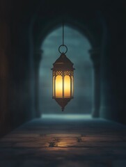 minimalist 3D portrait of a single traditional Ramadan lantern floating gently in a dark space. The lantern should emit a soft, warm glow, and the background should be simple, dark, and empty.
