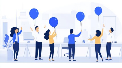 Team Celebration with Balloons in Bright Office
