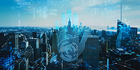 Smart city with digital fingerprint interface, Futuristic technology in urban innovation
