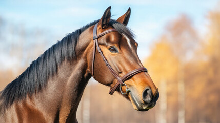 Obraz premium A majestic brown horse poses gracefully against a backdrop of autumn trees, reflecting the beauty of nature and the bond between humans and animals.