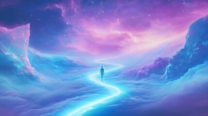 Fototapeta premium surreal dreamscape: figure walking on clouds - surrealism