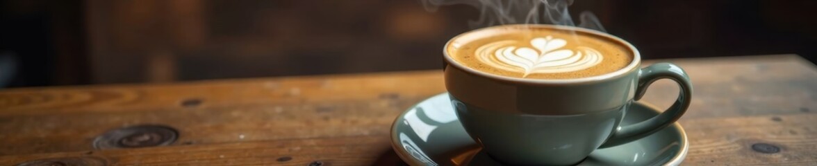Fototapeta premium Steaming hot latte in a ceramic mug rests on rustic wooden table , cafe, brown