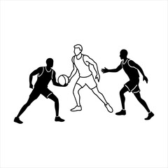 A man playing basketball defensive stance silhouettes. Basketball players are running and practicing, preparing for a soccer tournament.