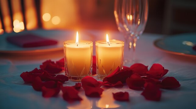 minimalist and romantic Valentine's Day dinner setting for two. The table is set with fine china, crystal glasses, and soft red rose petals scattered around the place settings.