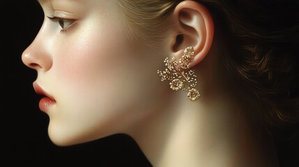 Profile of young woman wearing ornate floral earrings.