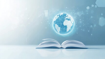 International Education Day with a single, open book placed on a clean, white desk. Above the book, a floating digital globe is subtly glowing, symbolizing global learning and digital education.