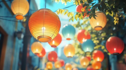 Obraz premium Chinese New Year, red lanterns hanging in the courtyard at night, warm lights illuminating the scene