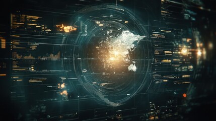 Obraz premium Stylized global analytics interface, merging art and tech with creative infographics, 