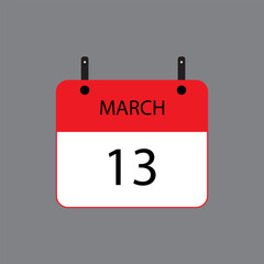Calendar icon with March 13 date on grey background. Vector schedule symbol.