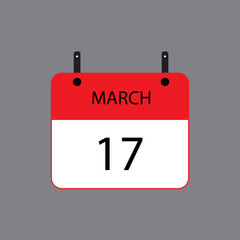 Calendar icon with March 17 date on grey background. Vector schedule symbol.
