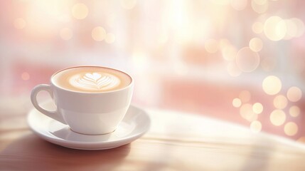 Fototapeta premium White cup of cappuccino featuring intricate latte art resting on a saucer, placed on a wooden table in a bright cafe, with bokeh lights enhancing the cozy atmosphere