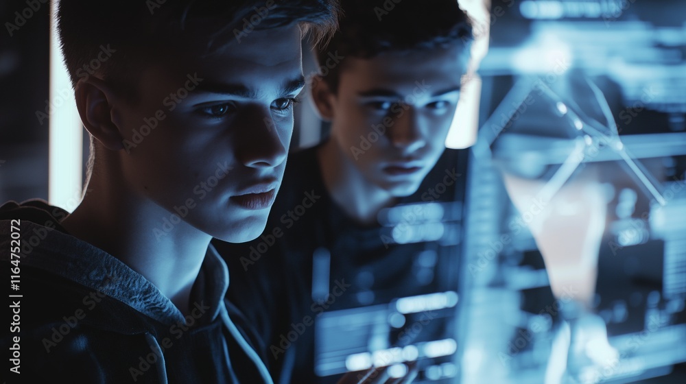 Poster two young software developers concentrating on analyzing holographic data on a transparent futuristi
