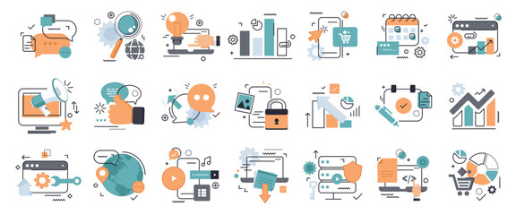 Fototapeta premium Vector illustration set business concept, digital marketing, data analysis, security, communication. 