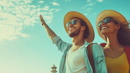 Young, happy tourists couple wearing straw hats and sunglasses, smiling and enjoying a sunny day while sightseeing, with the man pointing excitedly at a distant landmark