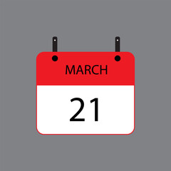 Calendar icon with March 21 date on grey background. Vector schedule symbol.
