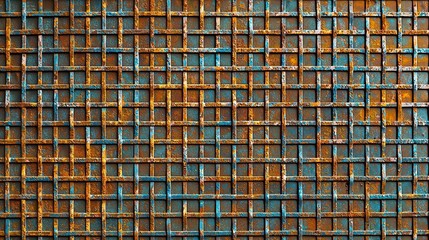 Detailed metal grating pattern with rust in an industrial setting during daytime