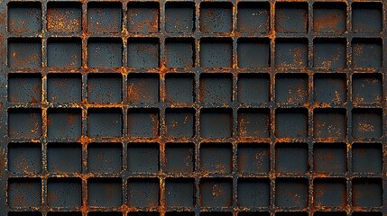 Detailed metal grating pattern with rust in an industrial setting during daytime