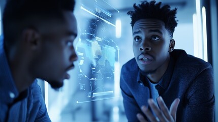 Two diverse software engineers are discussing and analyzing a futuristic hologram interface displaying global map data in a dark, modern office, illuminated by the glow of the holographic display
