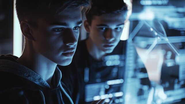 Two young software developers concentrating on analyzing holographic data on a transparent futuristic computer screen, working late at night in a dark office