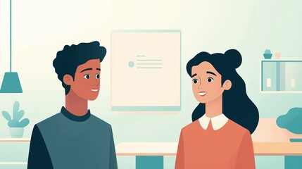 Obraz premium Two young professionals, a man and a woman, engage in a productive conversation in a contemporary office setting, fostering teamwork and collaboration