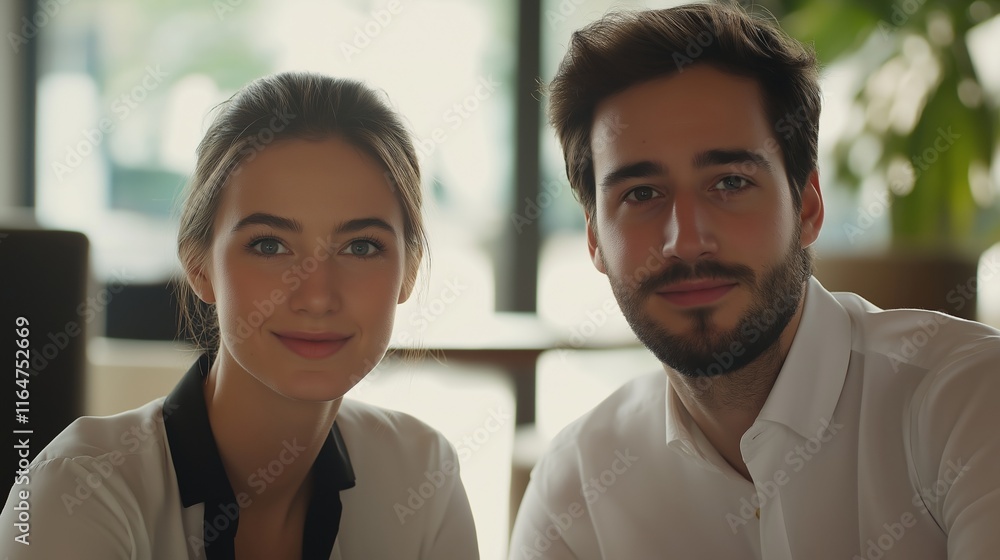 Aufkleber portrait featuring two cheerful business partners smiling and engaging with the camera while seated 