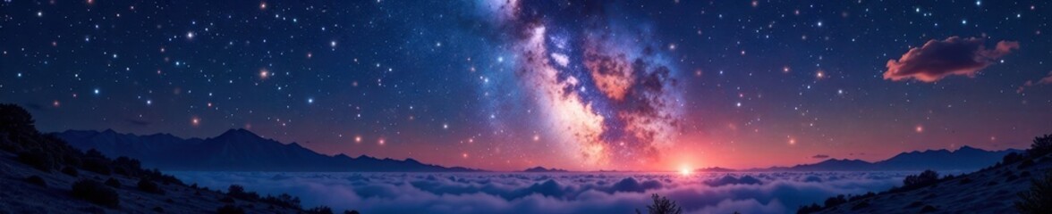 Naklejka premium Celestial scene with many stars in a vast landscape, celestial, hills