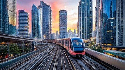 Train journey through city at sunset, urban railway commute with scenic dusk views