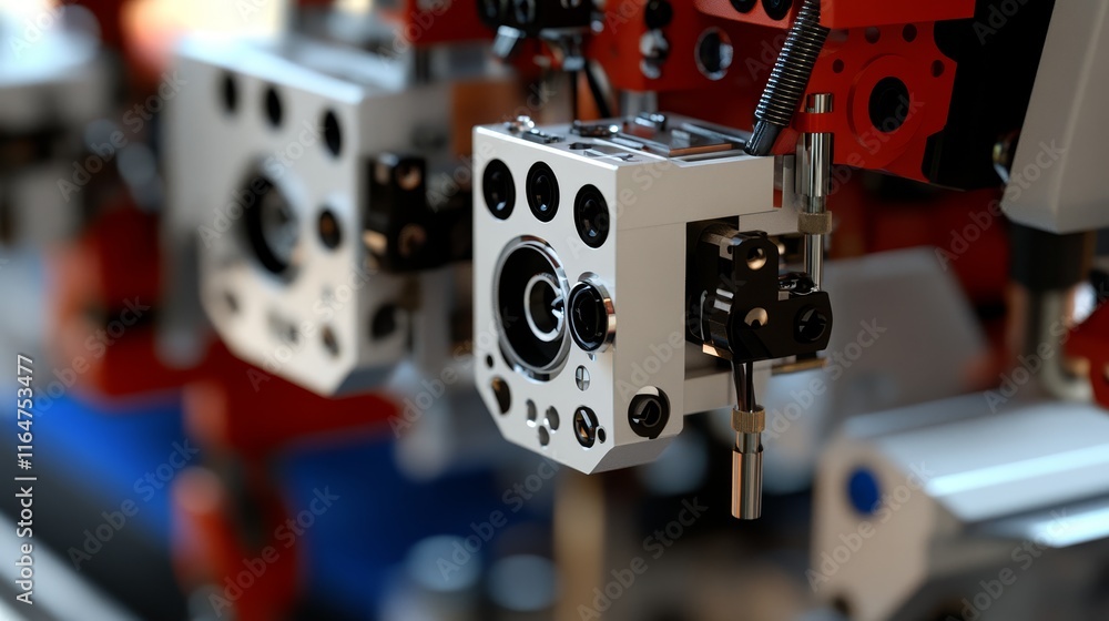 Poster intricate mechanics, closeup of a machine's complex red and white component in an industrial setting