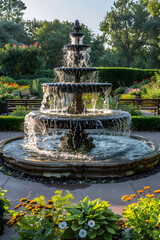 Tranquil Garden Fountain - A Serene Oasis with Cascading Water and Vibrant Flora