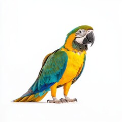 Fototapeta premium Colorful macaw parrot standing against a white background, showcasing vibrant feathers.
