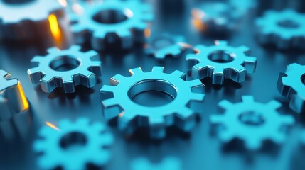 Interlocking metal gears on vibrant blue, a glimpse into industrial engineering design