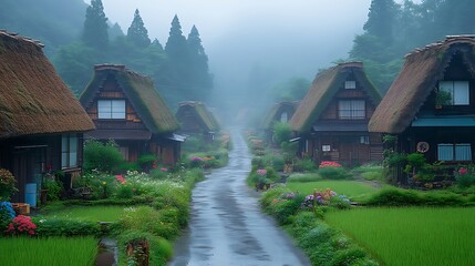Misty Village Houses With Thatched Roofs And Lush Gardens