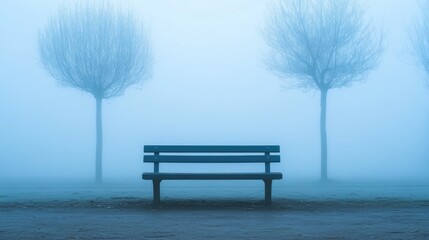minimalist landscape image of an empty park bench in the middle of a foggy park. The park should be largely empty, with only a few trees, their branches bare and covered in soft mist. Blue Monday.