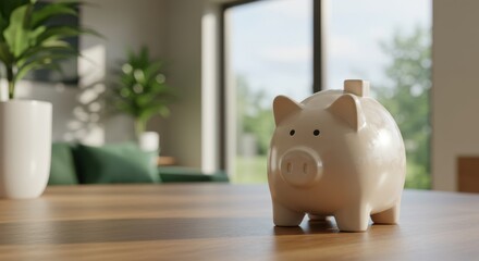 Piggy bank on wooden table in modern living room with green plants and natural light
