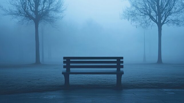 minimalist landscape image of an empty park bench in the middle of a foggy park. The park should be largely empty, with only a few trees, their branches bare and covered in soft mist. Blue Monday.