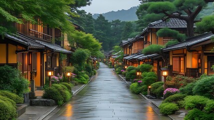 Obraz premium Tranquil Japanese Street Rainy Evening Illuminated Houses