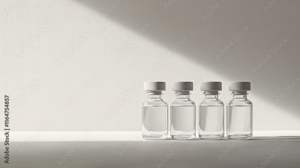 Poster small stack of empty medicine bottles, all with identical, (no label), placed neatly on a white surf