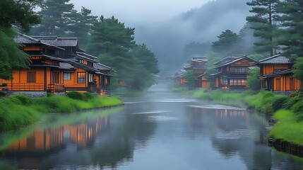 Tranquil Japanese Village Houses Reflecting in Misty Canal