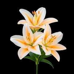 Obraz premium Elegant lilies in soft peach hues against a black backdrop, showcasing natural beauty and floral grace.