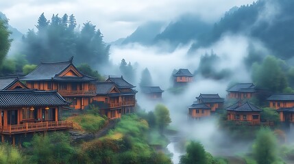Misty Mountain Village Houses Asian Architecture Style