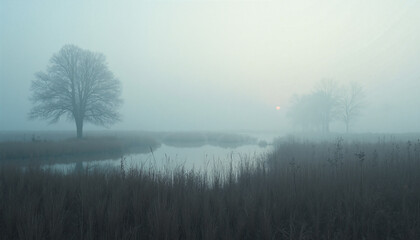 Naklejka premium Foggy marsh with silhouettes of distant trees at sunrise, creating an ethereal atmosphere rich in mystery, soft light illuminating the misty landscape