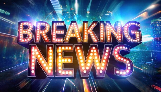 Breaking news with neon lights over cityscape