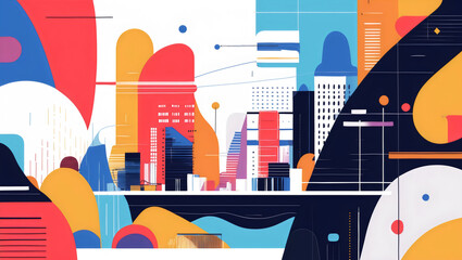 Abstract Cityscape With Bold Color Palette And Geometric Shapes