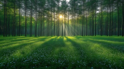 Fototapeta premium Sunbeams Illuminate a Forest Meadow with Flowers