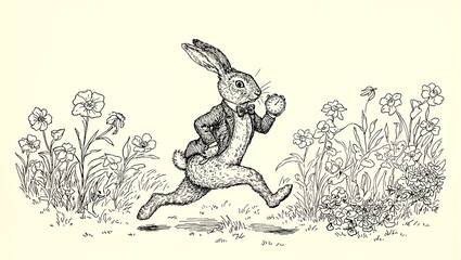 Frantic White Rabbit in waistcoat and bow tie holding pocket watch running through flower field