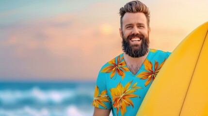 A joyful surfer strolls along the beach at sunset, clad in a colorful Hawaiian tshirt with a surfboard in hand.